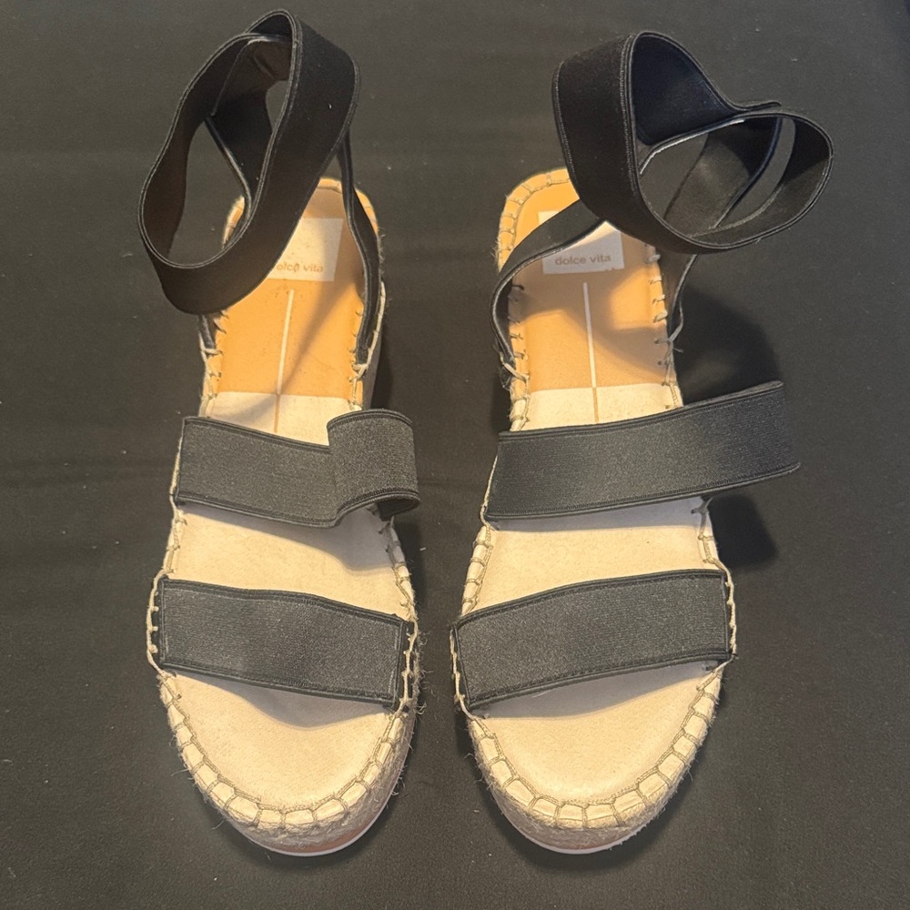 Dolce Vita Black Elastic Strap Espadrille Sandals with Ankle Wrap